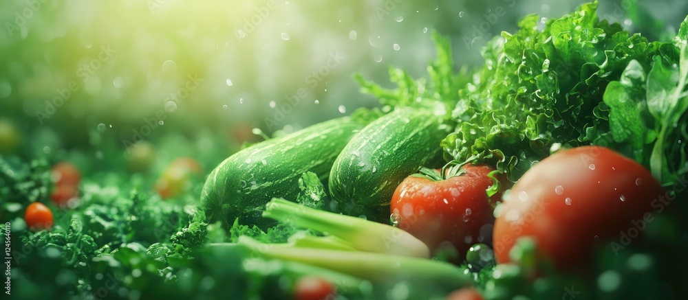 Poster fresh vegetables including cucumbers and tomatoes on lush green foliage with soft sunlight filtering