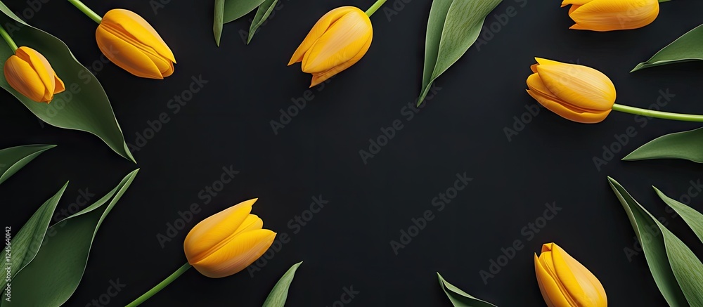 Poster vibrant yellow tulips elegantly arranged with green leaves on a dark surface creating a striking con