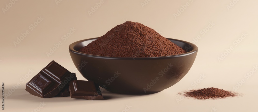 Poster rich dark chocolate pieces in the foreground beside a bowl of fine cocoa powder set against a soft b