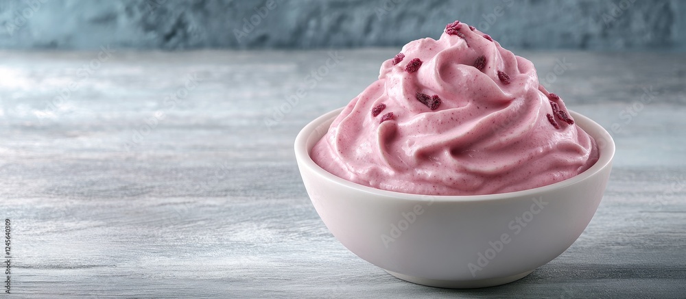 Poster delicious creamy pink yogurt in a white bowl sits on a textured gray surface with a blurred blue bac
