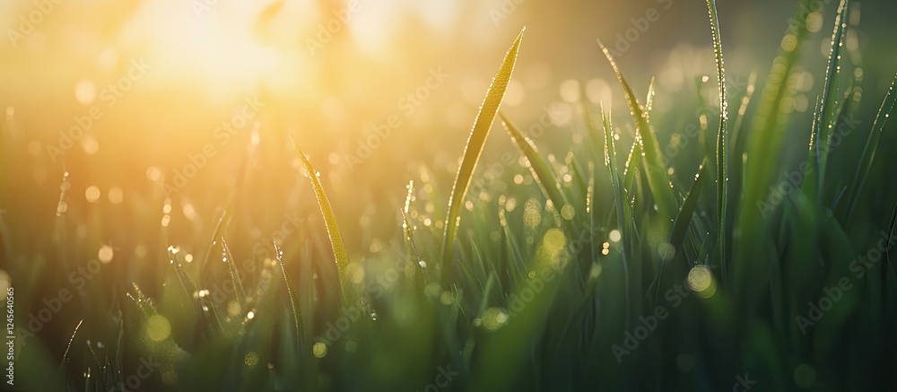 Aufkleber dew-kissed grass blades glisten in soft morning sunlight with warm golden hues and a dreamy bokeh ba