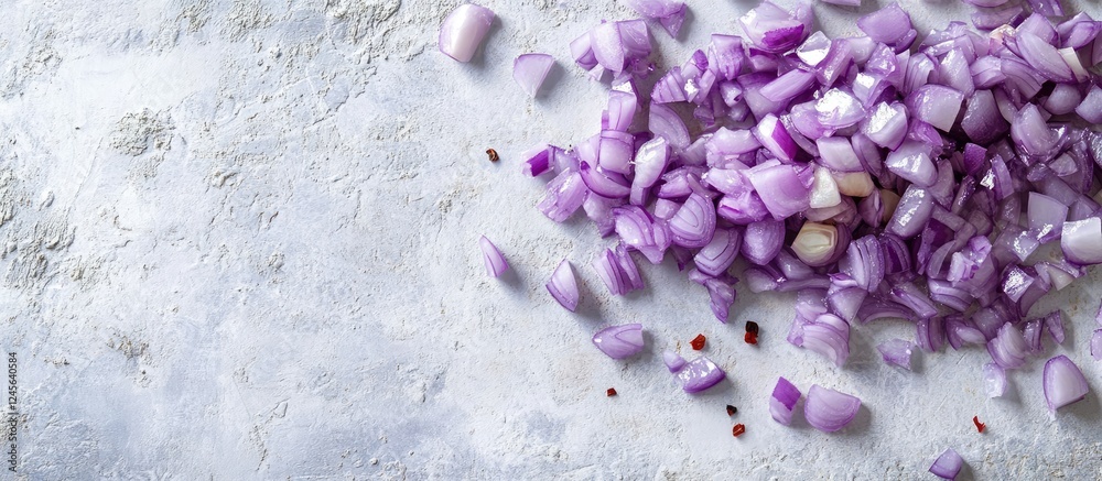 Poster diced purple onions scattered on a textured white cutting board with shiny fragments creating a vibr