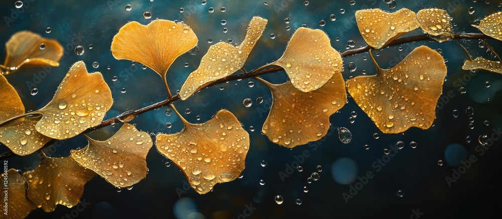 Poster ginkgo leaves in vibrant yellow hues adorned with glistening raindrops set against a dark blurred ba