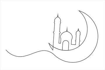 Islamic icon one line drawing of isolated continuous moon outline vector illustration