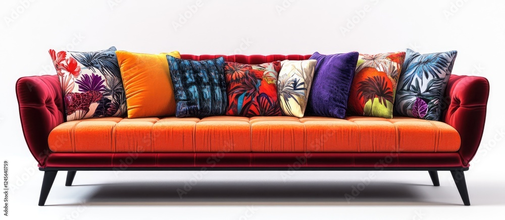 Aufkleber contemporary red velvet sofa with vibrant multicolored pillows arranged symmetrically on a white bac