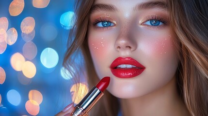Applying red lipstick beauty studio makeup tutorial close-up glamour