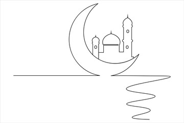 Islamic icon one line drawing of isolated continuous moon outline vector illustration