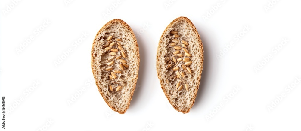 Poster Halved rye bread pieces with textured crusts positioned symmetrically against a clean white background highlighting their unique features and grain.