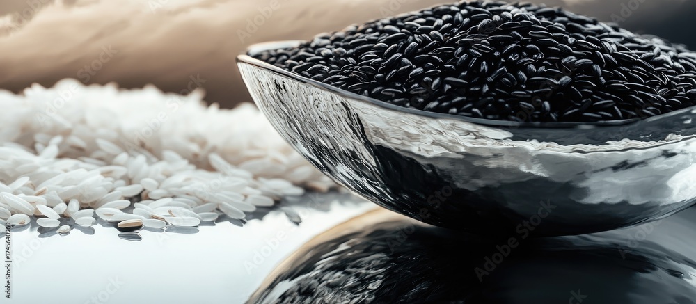 Poster Shiny metallic bowl reflecting light with white rice and black rice in foreground creating a visually striking textured contrast on smooth surface