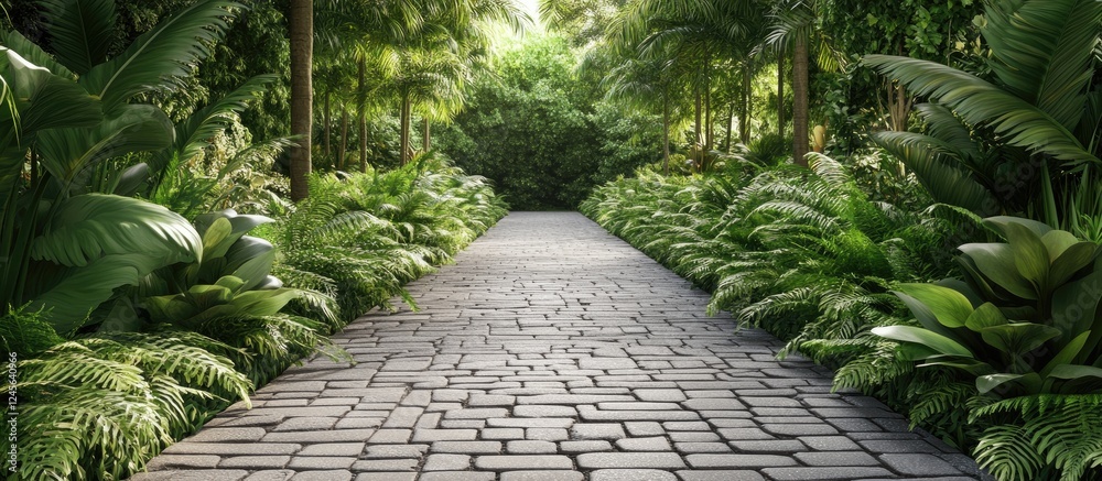 Aufkleber serene gray cobblestone pathway lined with lush green plants on both sides creating an inviting atmo