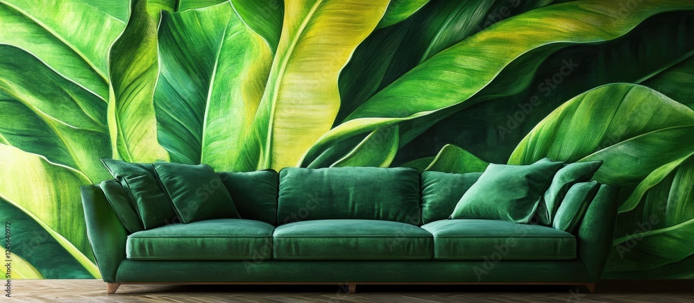 Aufkleber vibrant green sofa positioned centrally in a stylish studio against a lush leaf mural background cre
