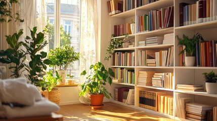 A small home library with dust-free bookshelves and a neatly folded cloth.