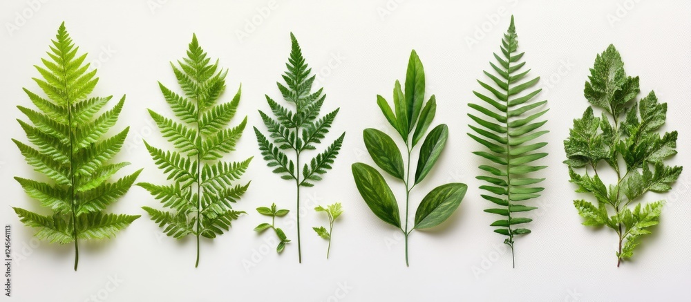 Aufkleber lush green fern leaves and diverse tropical plants arranged in a row on a white background creating 