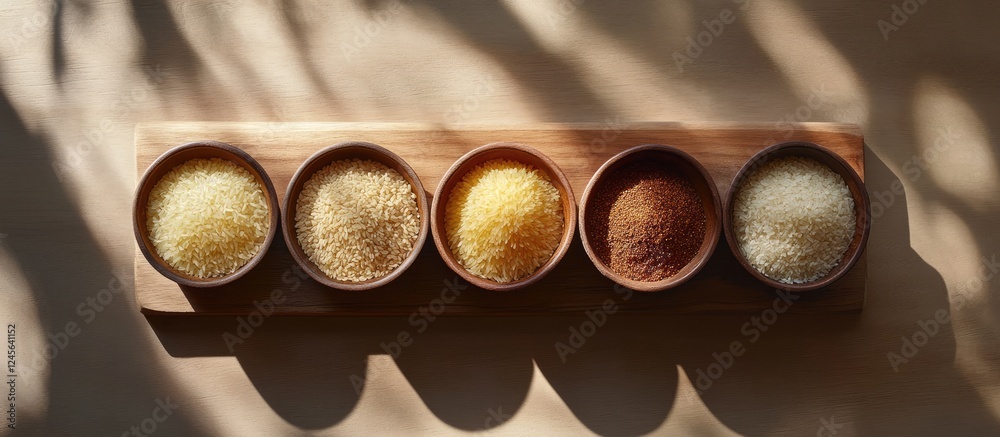 Poster arranged bowls of various rice types on a wooden board against a soft light backdrop, viewed from a 
