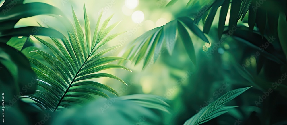 Poster serene light green tropical garden background with blurred palm leaves creating a calming atmosphere
