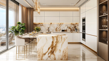 A luxurious marble kitchen in a modern home, featuring white cabinetry and a minimalist design, with elegant gold decorations.