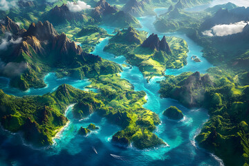 Obraz premium Lush Tropical Islands With Turquoise Waters, Verdant Mountains, And Scenic Landscapes Viewed From Above In Stunning Detail. Generative AI
