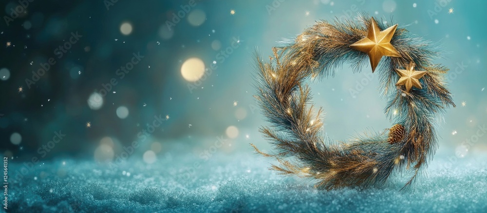 Poster christmas wreath with golden stars and feathers on a turquoise snowy background with soft bokeh ligh