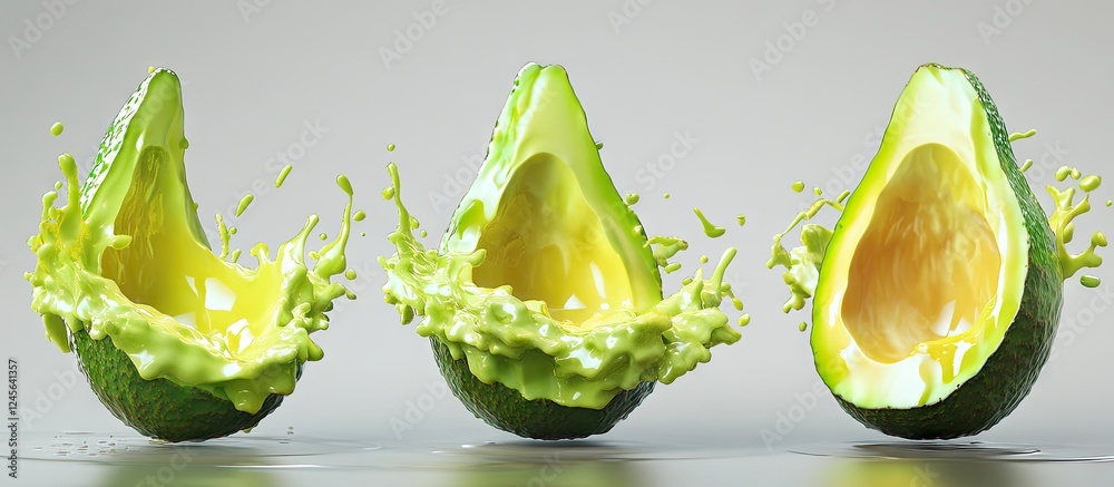 Poster ripe avocados with vibrant green skin and yellow flesh display dynamic splashes against a soft gray 
