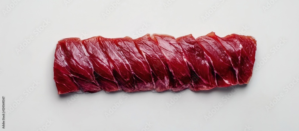 Poster freshly sliced red tuna fillets arranged neatly on a bright white background highlighting their vibr