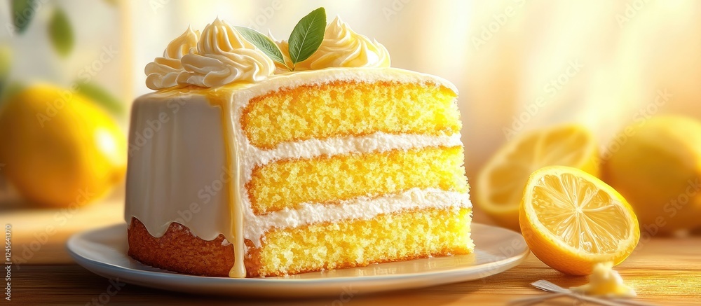 Poster vibrant three-layer lemon cake with creamy frosting and fresh lemon slices on a white plate surround
