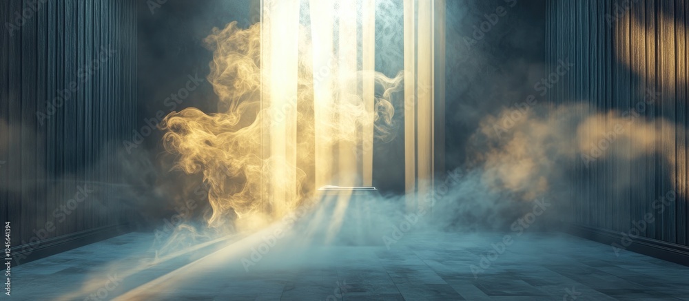 Aufkleber Mysterious atmospheric scene with golden beams of light filtering through tall vertical structures creating a foggy ambiance in a dim setting