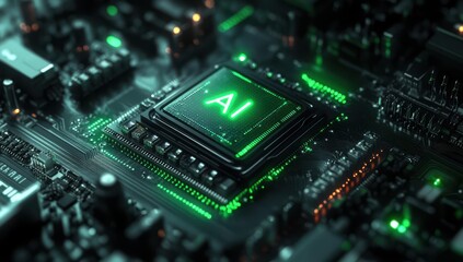 Fototapeta premium High-Tech AI Chip on Circuit Board with Green Lights, Symbolizing Future of Innovation and Digital Technology in Modern Electronics