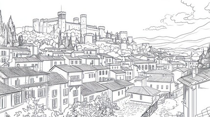 Fototapeta premium Medieval city skyline, hilltop castle, scenic view, tourism, illustration