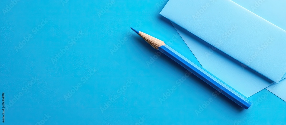Poster blue pencil and envelopes on a vibrant turquoise background with a clean layout emphasizing simplici