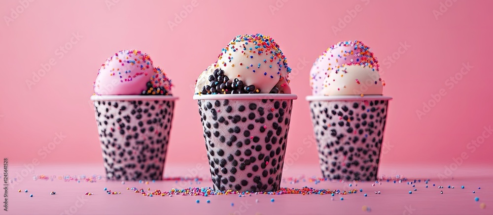Poster colorful ice cream scoops in speckled cups on a soft pink background featuring pink and white ice cr