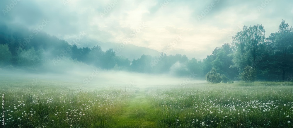 Poster serene misty meadow with soft green grass and white flowers under pale blue and gray sky surrounded 