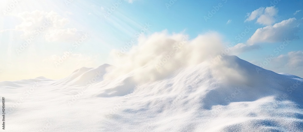 Poster vanilla powder eruptions creating dynamic clouds of white dust against a bright blue sky with soft s