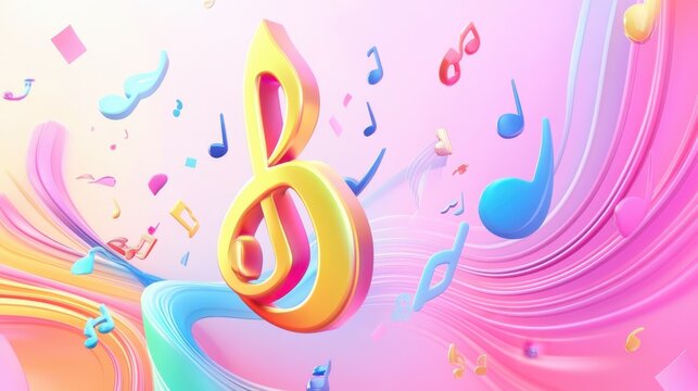 Vibrant 3D Musical Notes Swirling in a Colorful Abstract Background