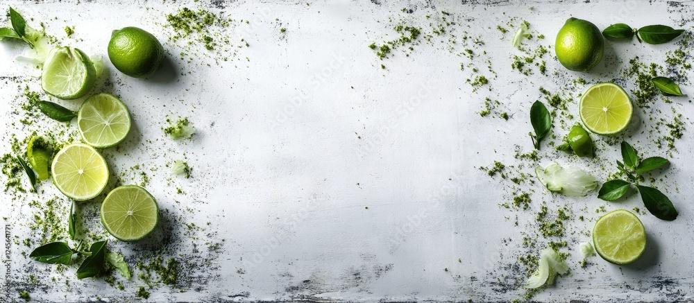 Poster vibrant lime zest slices and fresh leaves beautifully arranged on a rustic white table top view show
