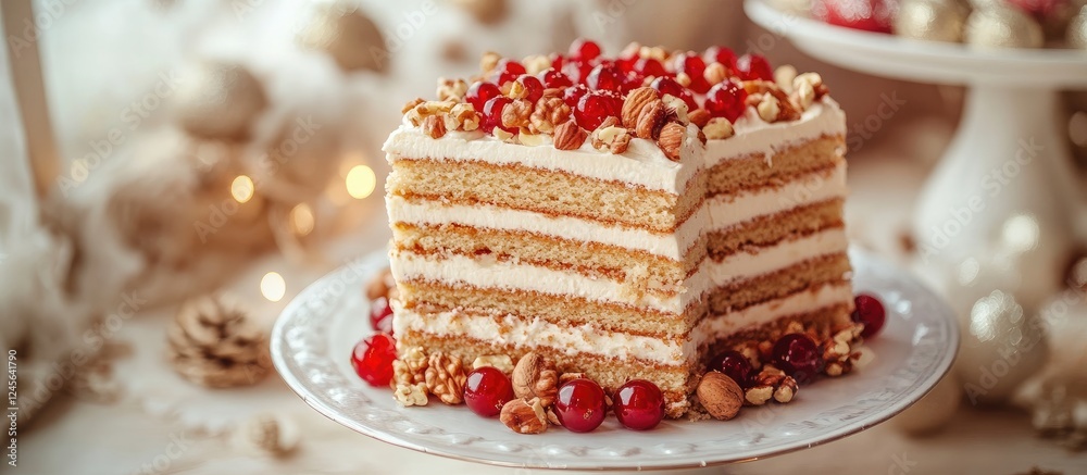 Poster decadent seven layer cake on white plate topped with nuts and red berries positioned against a warm 