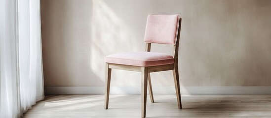 Elegant dining chair with a light wooden frame and soft pink cushions positioned by a window, illuminating warm tones and contemporary design elements.