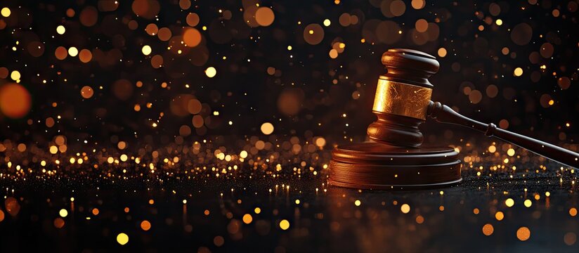 Gavel resting on a dark reflective surface surrounded by glowing bokeh lights in warm hues creating an elegant and captivating legal atmosphere