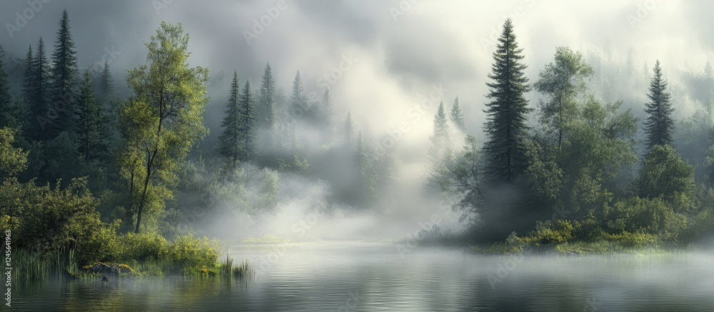 Poster misty forest landscape with lush green trees and soft gray fog over tranquil waters reflecting seren