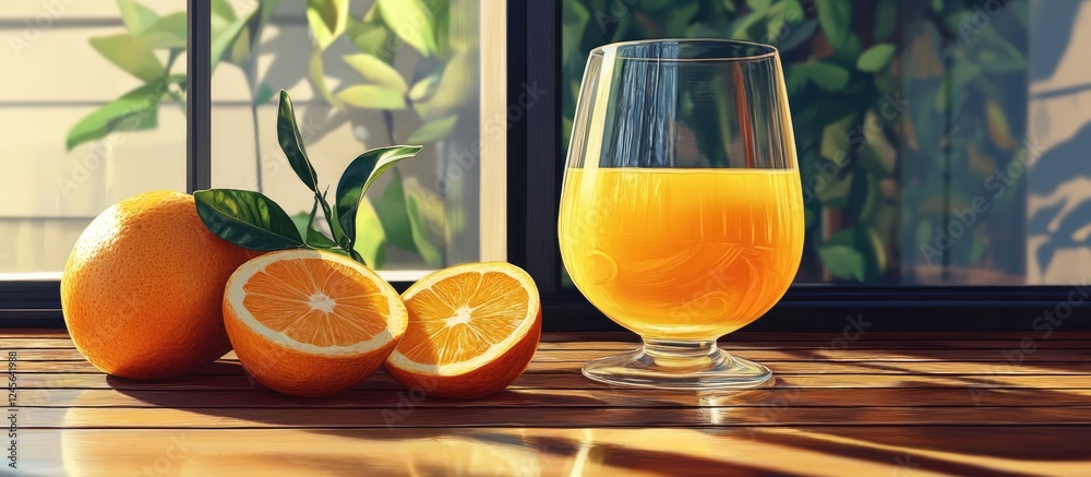 Aufkleber Vibrant orange juice in a clear glass sits on a rustic wooden table with sliced oranges and green foliage in the background creating a fresh ambiance