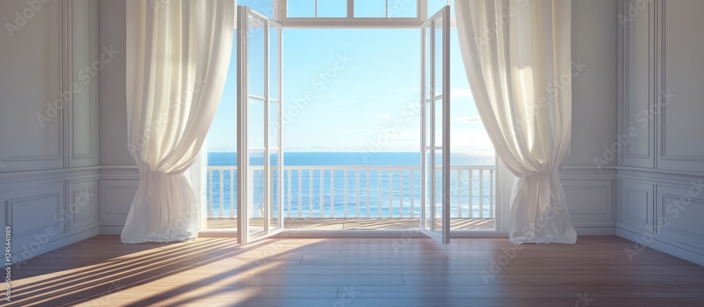 Poster tranquil empty room with open white curtains and a sea view from large balcony doors. soft sunlight 