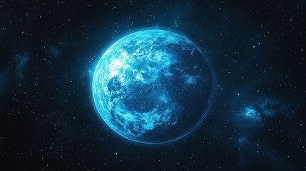 Glowing blue planet in deep space.
