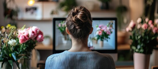 Florist advising on floral arrangements through video call view from behind showing soft focus on pink flowers and greenery in a cozy workspace