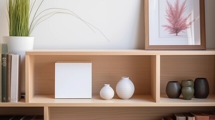 Wooden shelf with a small blank white canvas and ceramic vases, perfect for minimalist decor, branding, or interior styling concepts.