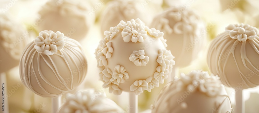 Poster Elegant white chocolate floral cake pops arranged artistically in soft focus with a light, neutral background and a subtle to-do list in view.