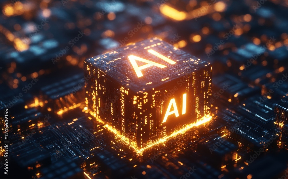 Poster illuminated computer circuitry with ai representation in a futuristic digital environment showcasing