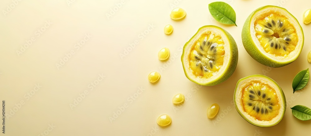 Poster freshly sliced yellow passion fruits placed on a soft light background with vibrant yellow and green