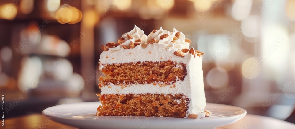Poster close up of moist carrot cake layered with creamy frosting on a white plate with blurred warm backgr