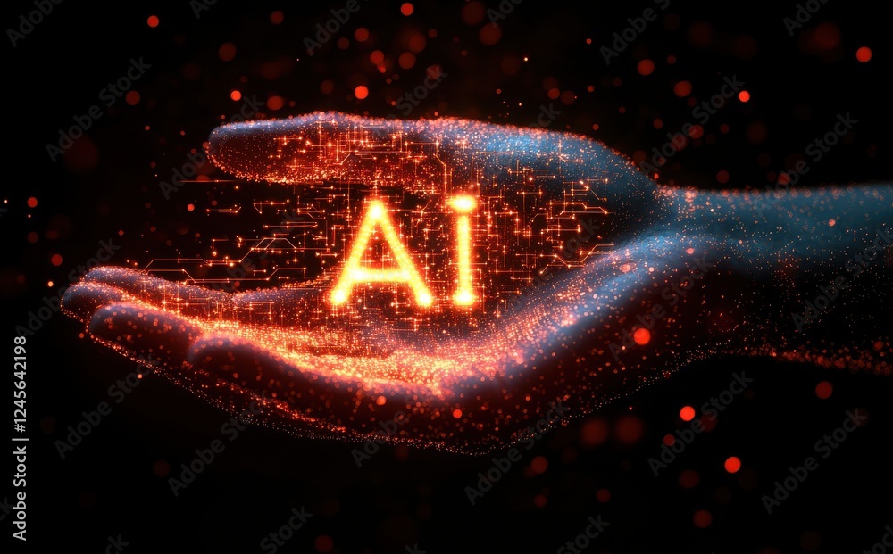 Poster illuminated hand displaying ai symbol with digital light effects representing artificial intelligenc