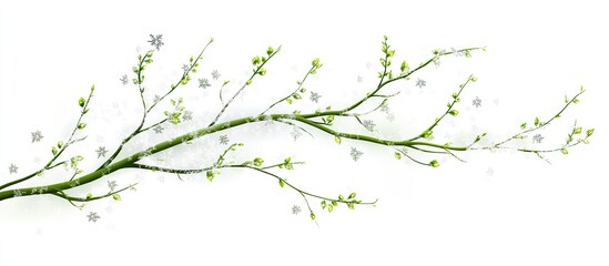Green tree branch with delicate buds on a white background, adorned with soft grey snowflakes, emphasizing a serene winter-nature contrast.