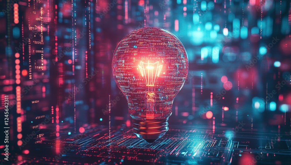 Aufkleber illuminated light bulb with digital binary code in a futuristic data environment featuring glowing r